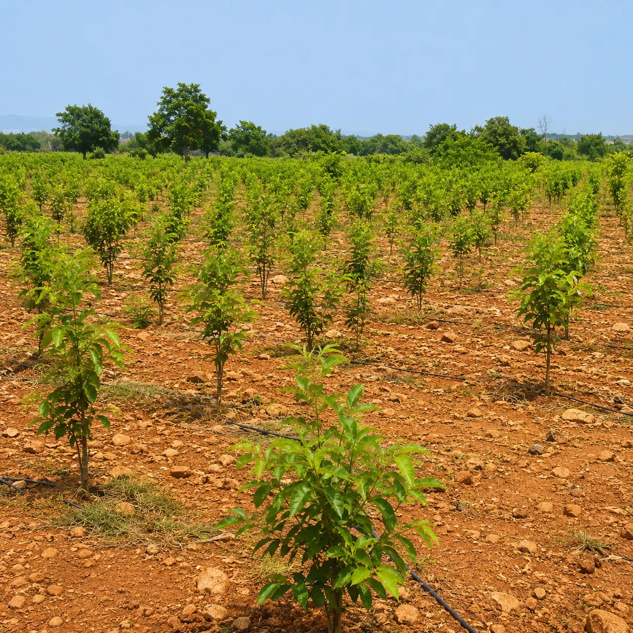 Young red sandalwood saplings planted in rows with drip lines on red soil in Andhra Pradesh
